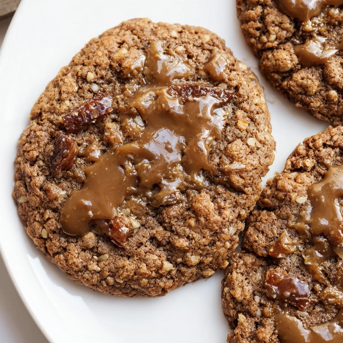 Batch of sticky toffee pudding cookies with rich brown sugar glaze on wire cooling rack