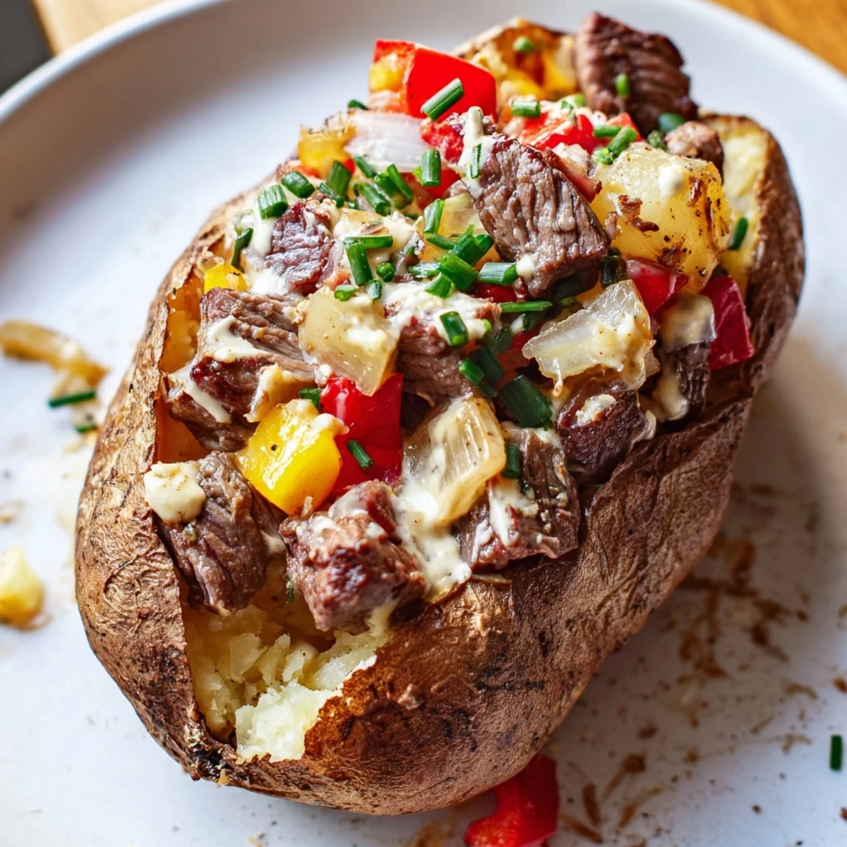 Golden baked potato filled with seasoned steak cubes and drizzled with velvety Parmesan cream sauce