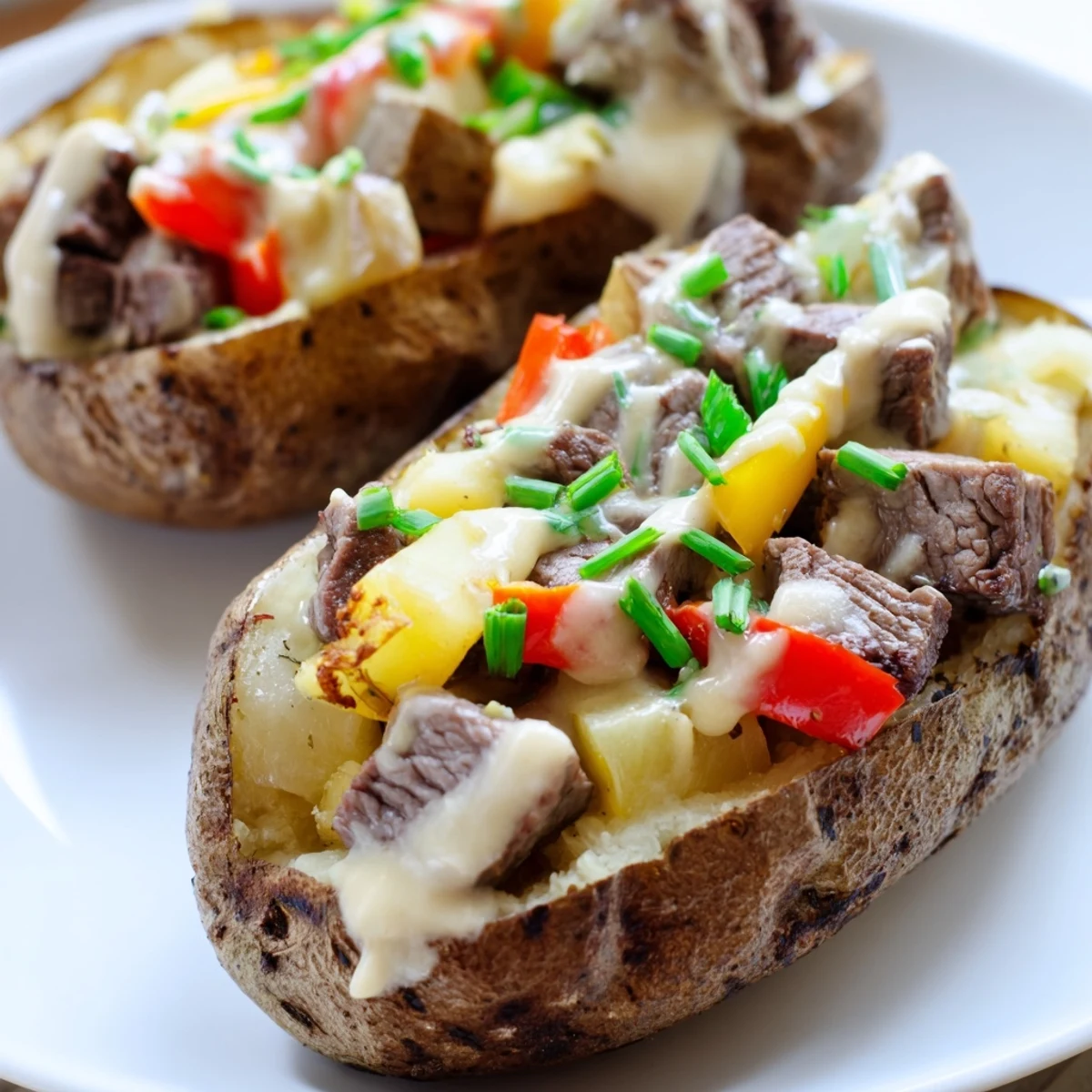 Russet potato stuffed with juicy steak and vegetables topped with rich cheesy white sauce