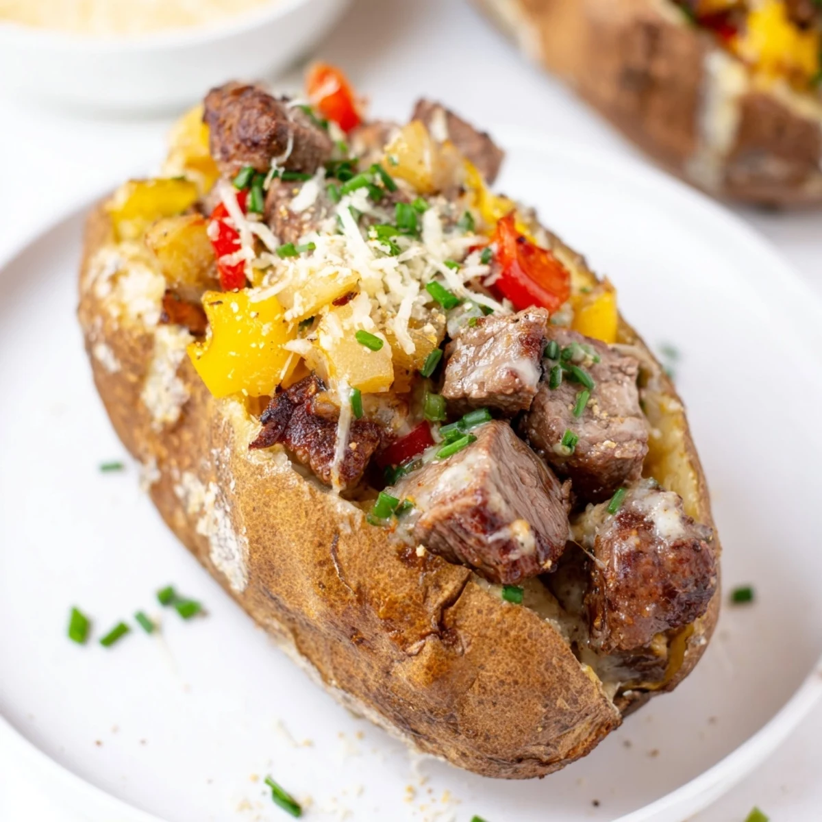 Steak stuffed baked potatoes generously coated in homemade Parmesan cream sauce with fresh chive garnish