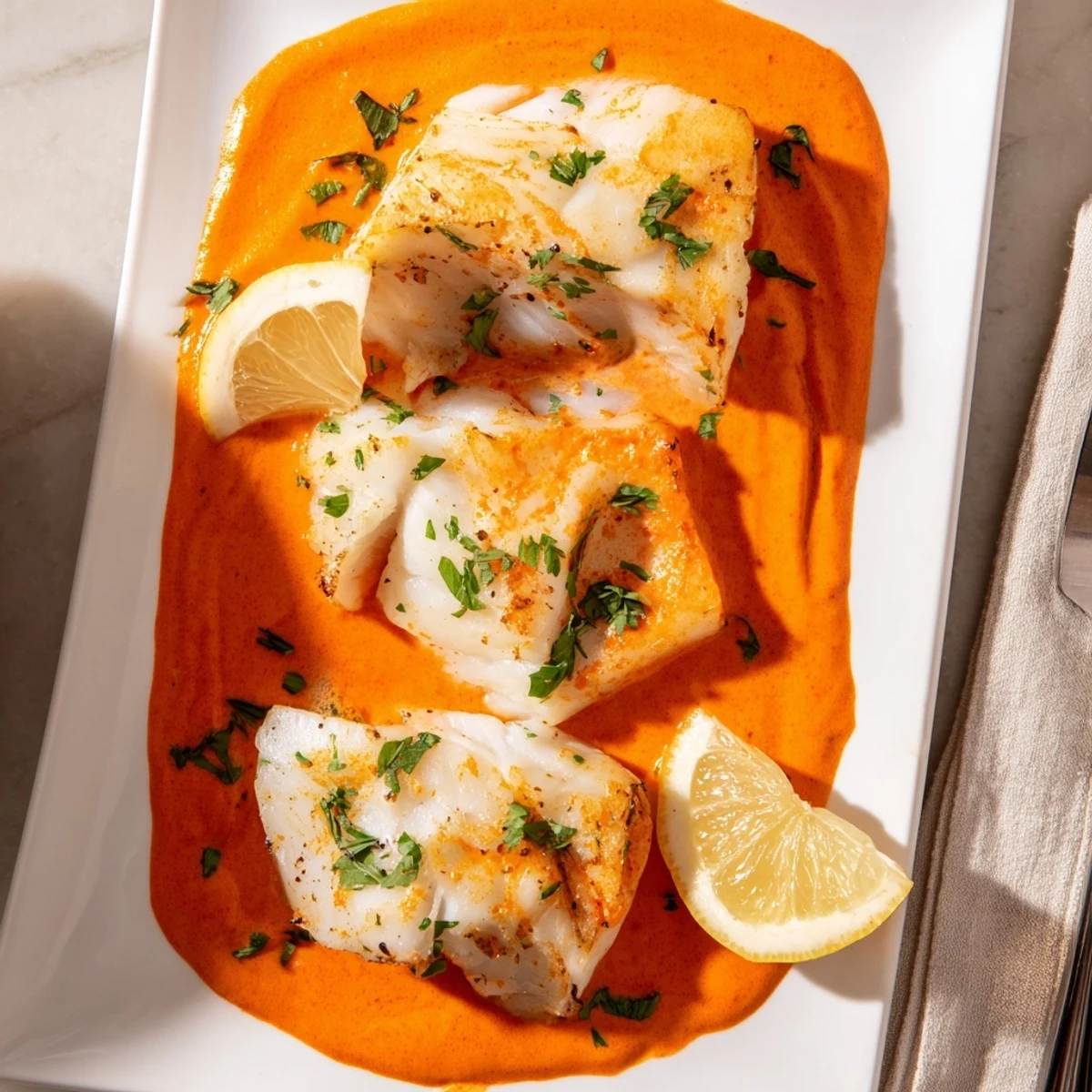 Golden pan-seared cod fillets nestled in a vibrant roasted red pepper cream sauce