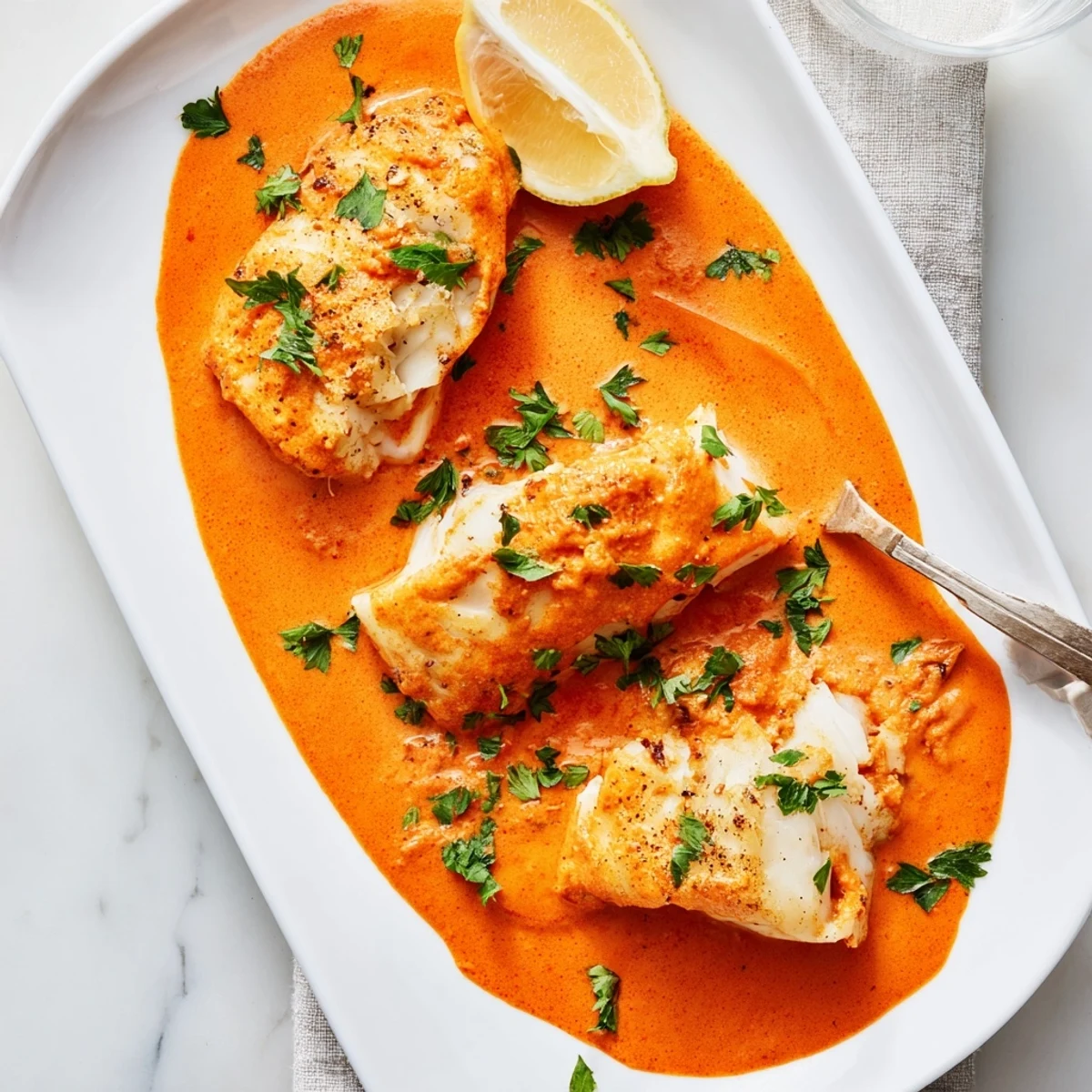 Flaky white cod simmered in Mediterranean-style roasted red pepper sauce with fresh parsley garnish