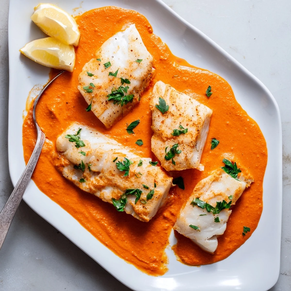 Tender baked cod swimming in smooth roasted red pepper sauce served with lemon wedges