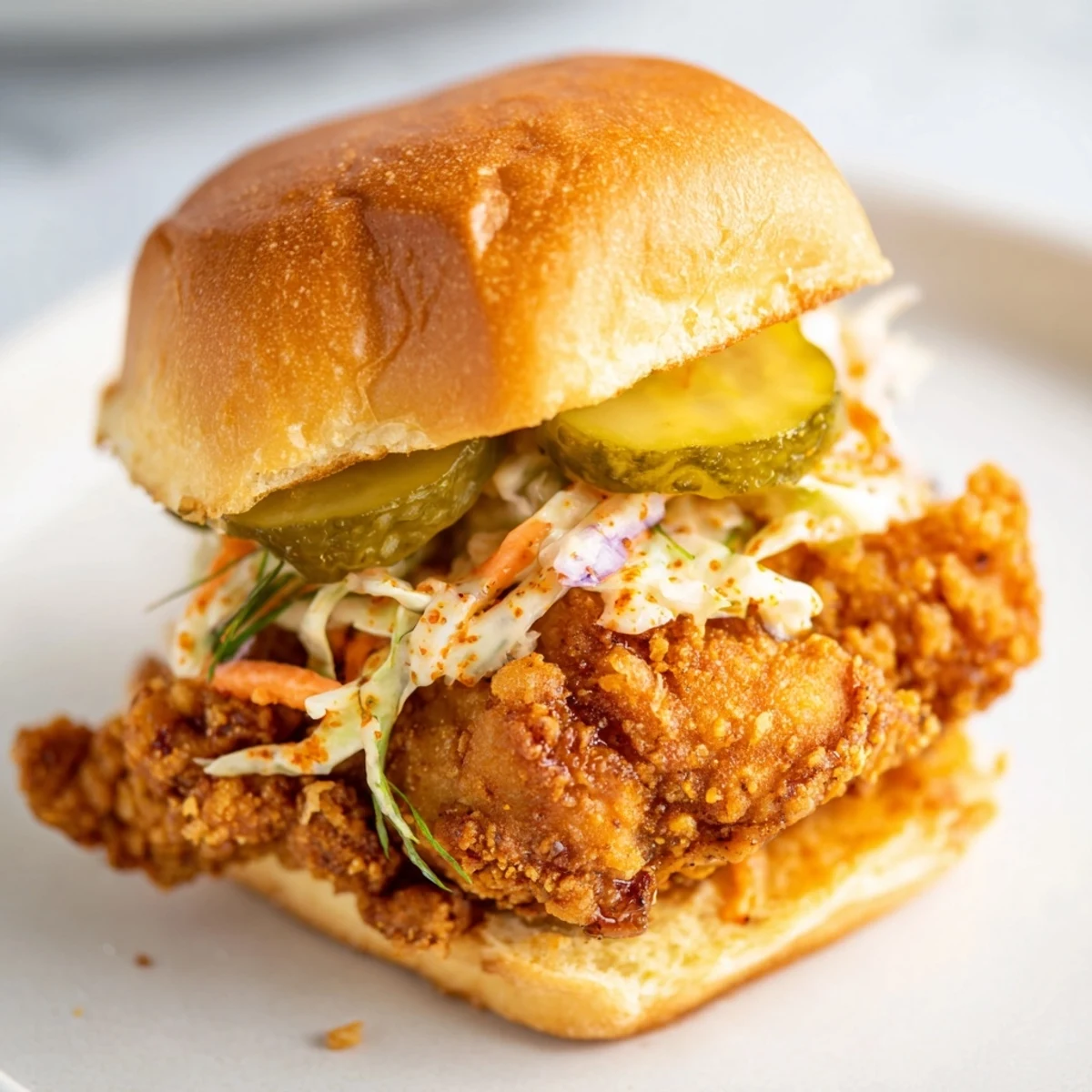 Crispy buttermilk fried chicken thigh piled high with creamy coleslaw and pickles inside a soft burger bun