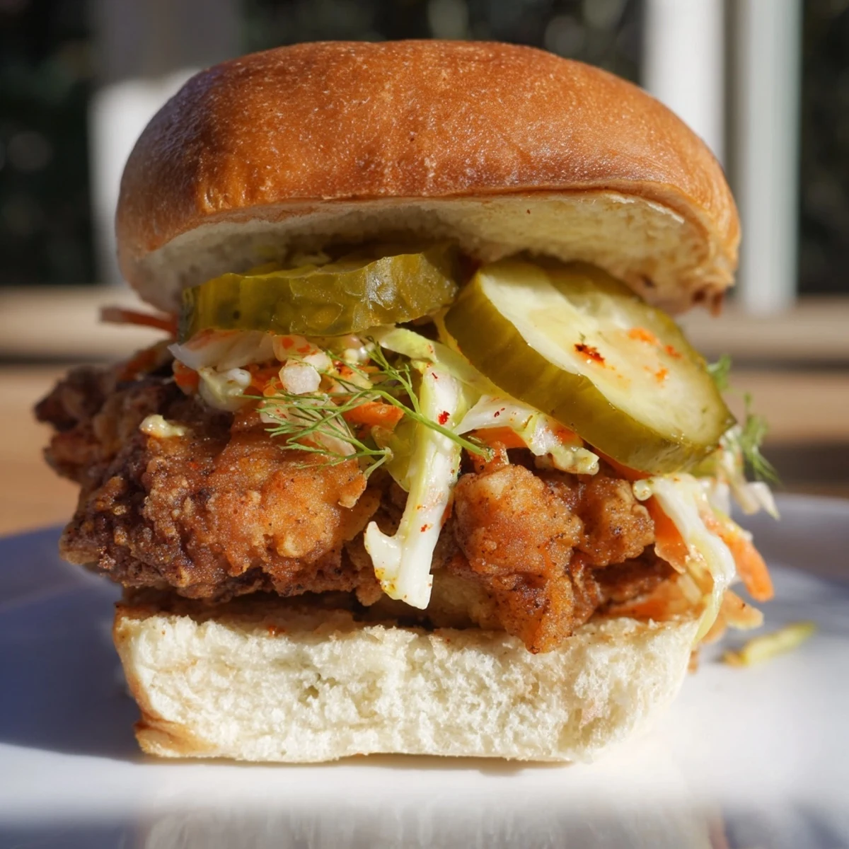 Juicy Southern spiced chicken fillet topped with fresh slaw and pickle slices on a warm sesame bun