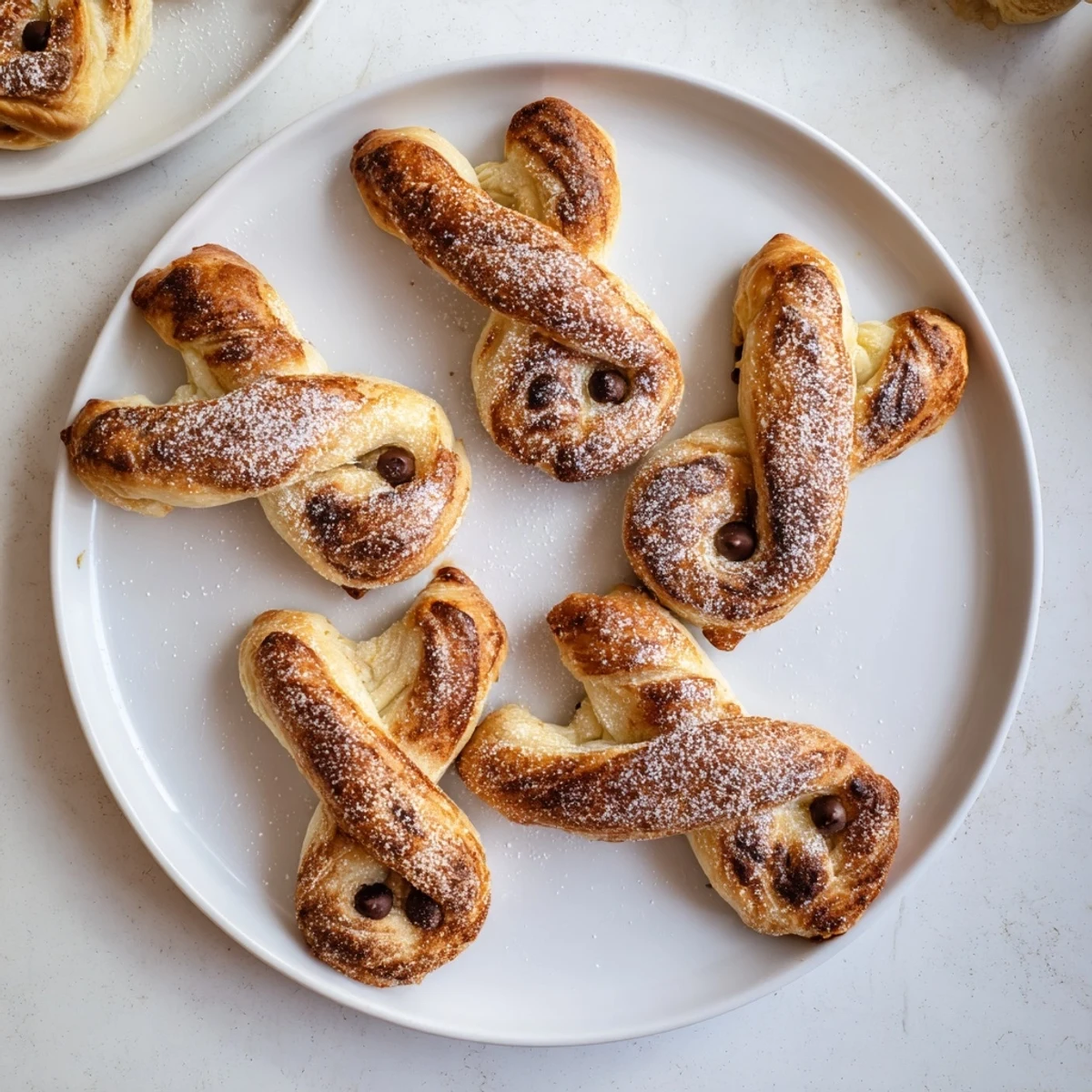 Golden brown cinnamon sugar Easter bunny twists arranged on a white serving platter with powdered sugar dusting