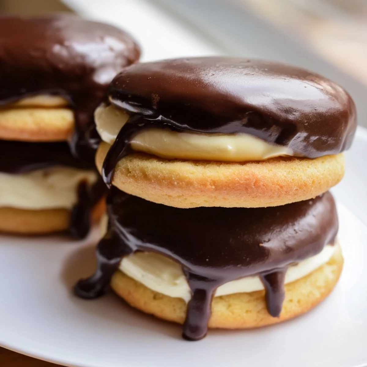 Bite-sized Boston Cream Pie Cookie Bites drizzled with rich chocolate ganache on a white serving plate