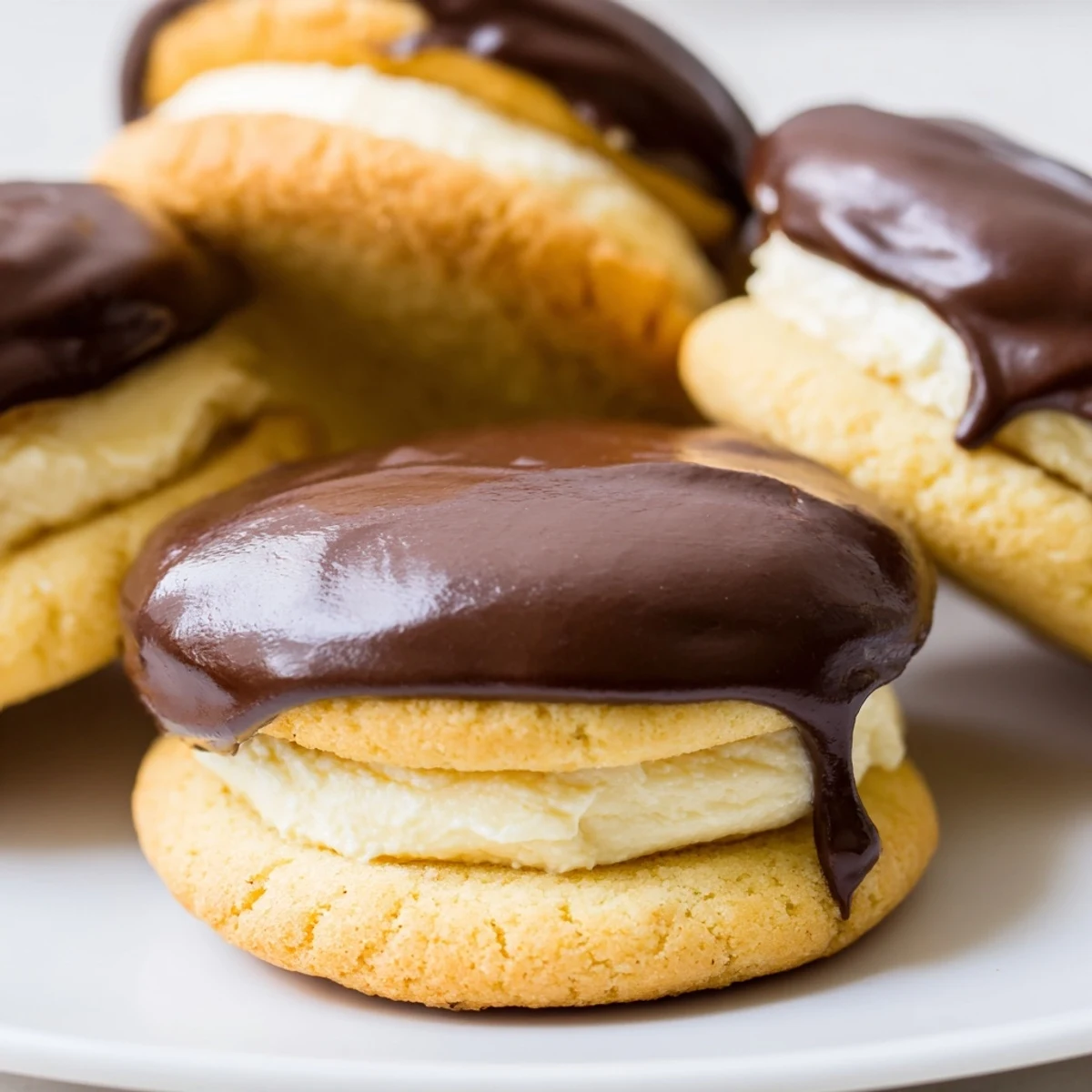 Homemade Boston Cream Pie Cookie Bites featuring soft vanilla cookies, smooth custard filling, and dark chocolate topping