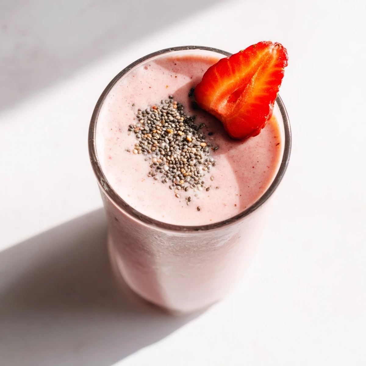 Thick strawberry smoothie with Greek yogurt poured into a glass topped with fresh strawberry slices