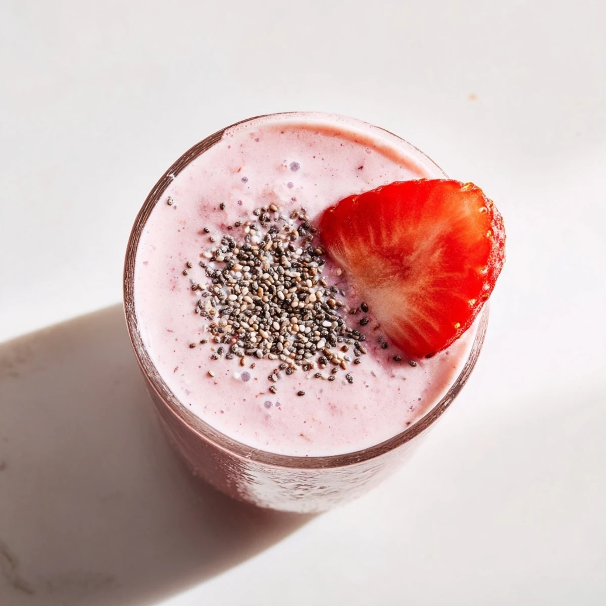 Creamy pink breakfast smoothie made with fresh strawberries and Greek yogurt in a tall glass