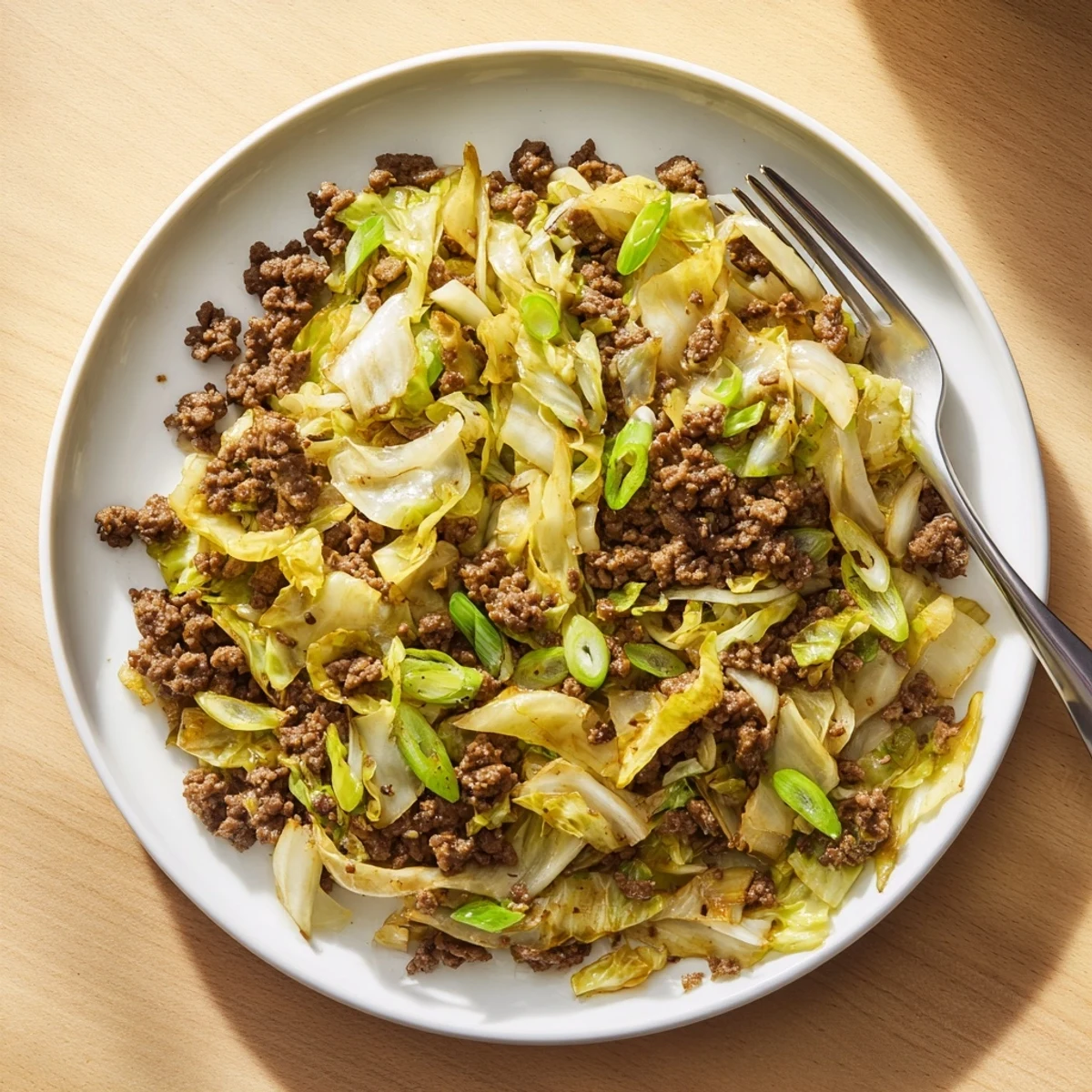 Savory Mongolian ground beef with tender green cabbage slices garnished with fresh green onions