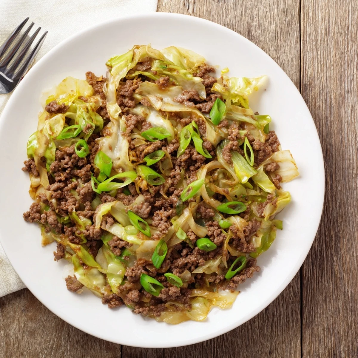 Steaming skillet of Asian-style low carb Mongolian ground beef and cabbage weeknight dinner