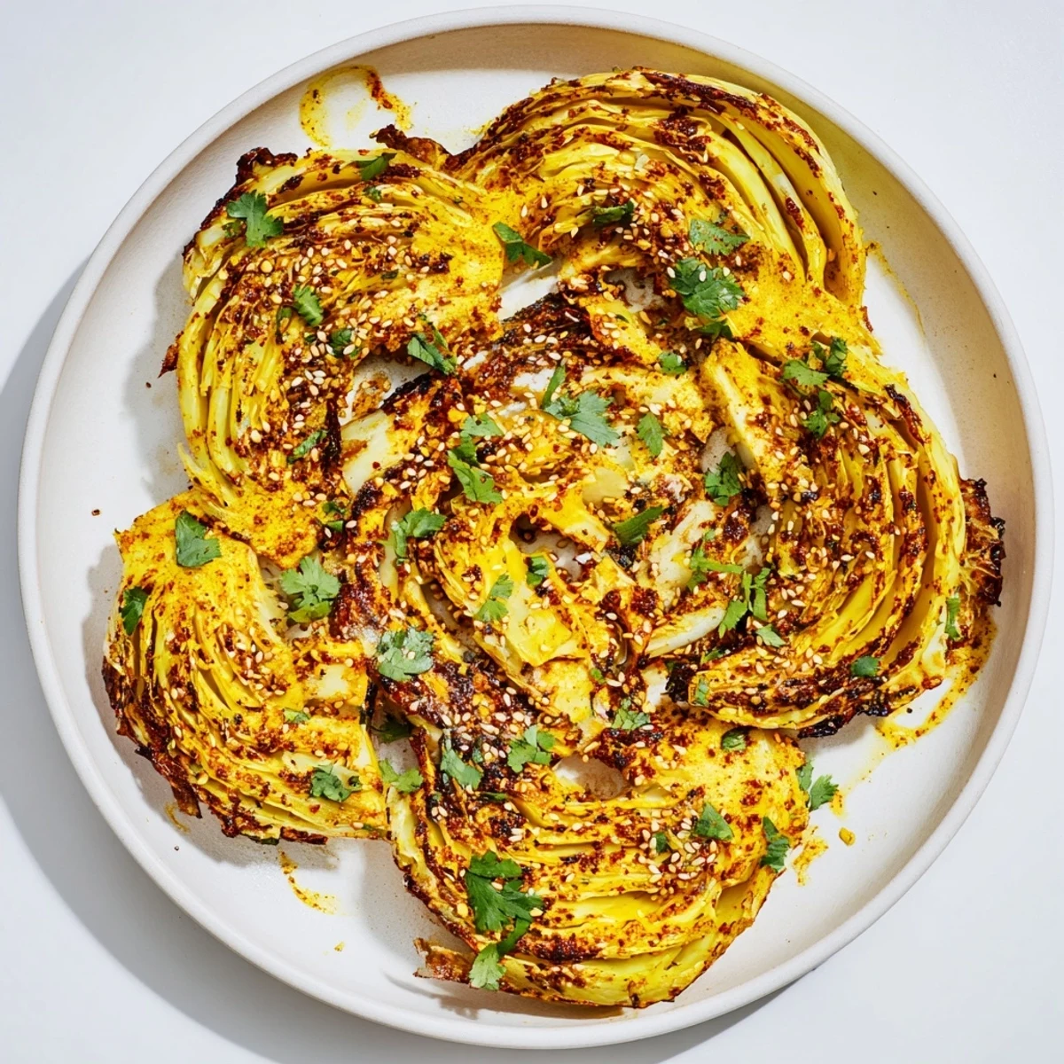 Golden roasted curry cabbage wedges with crispy edges and aromatic Indian spices on a white platter