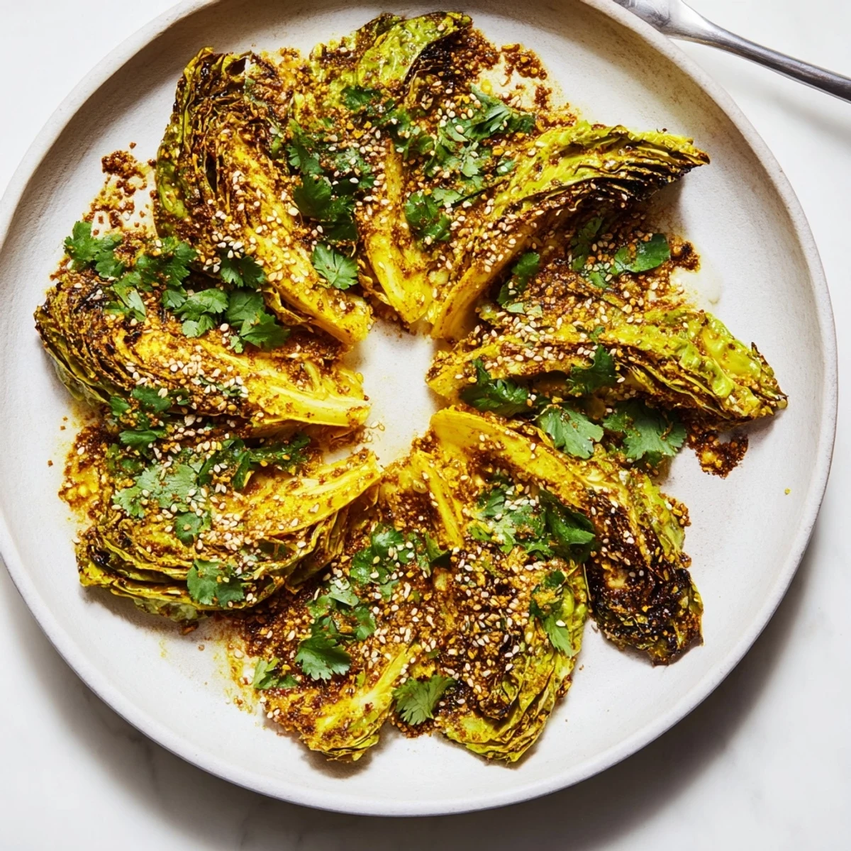 Tender green cabbage pieces roasted with warm curry turmeric seasoning and garnished with fresh cilantro