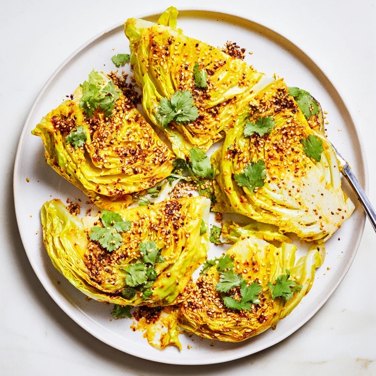 Baking sheet full of golden brown curry roasted cabbage wedges coated in vibrant yellow spice blend