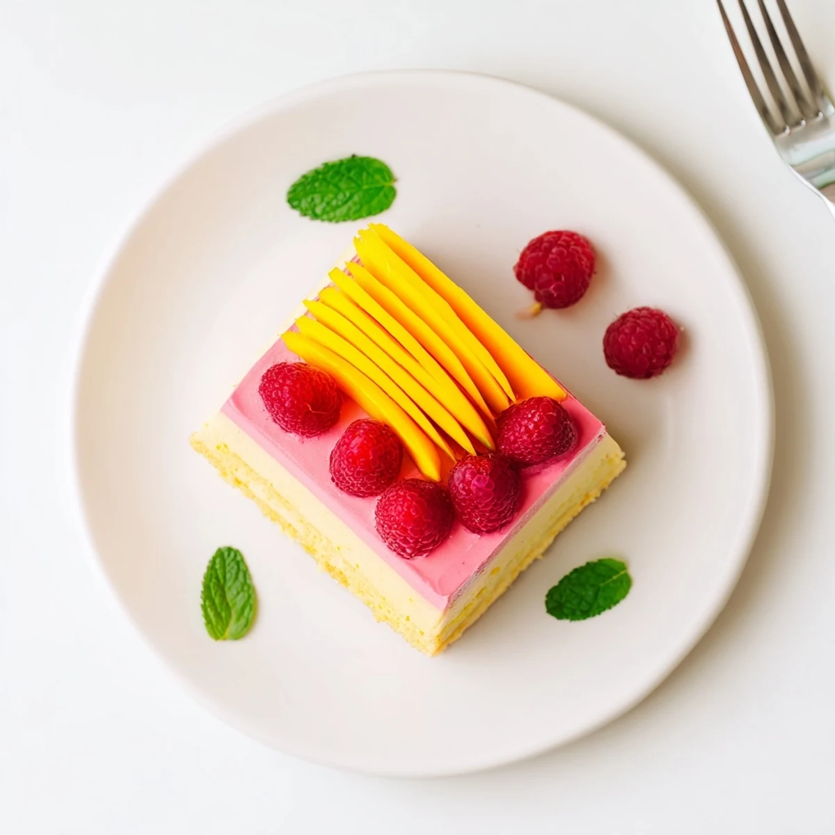 Golden slice of heavenly mango raspberry mousse cake showcasing vibrant yellow and pink layered mousse