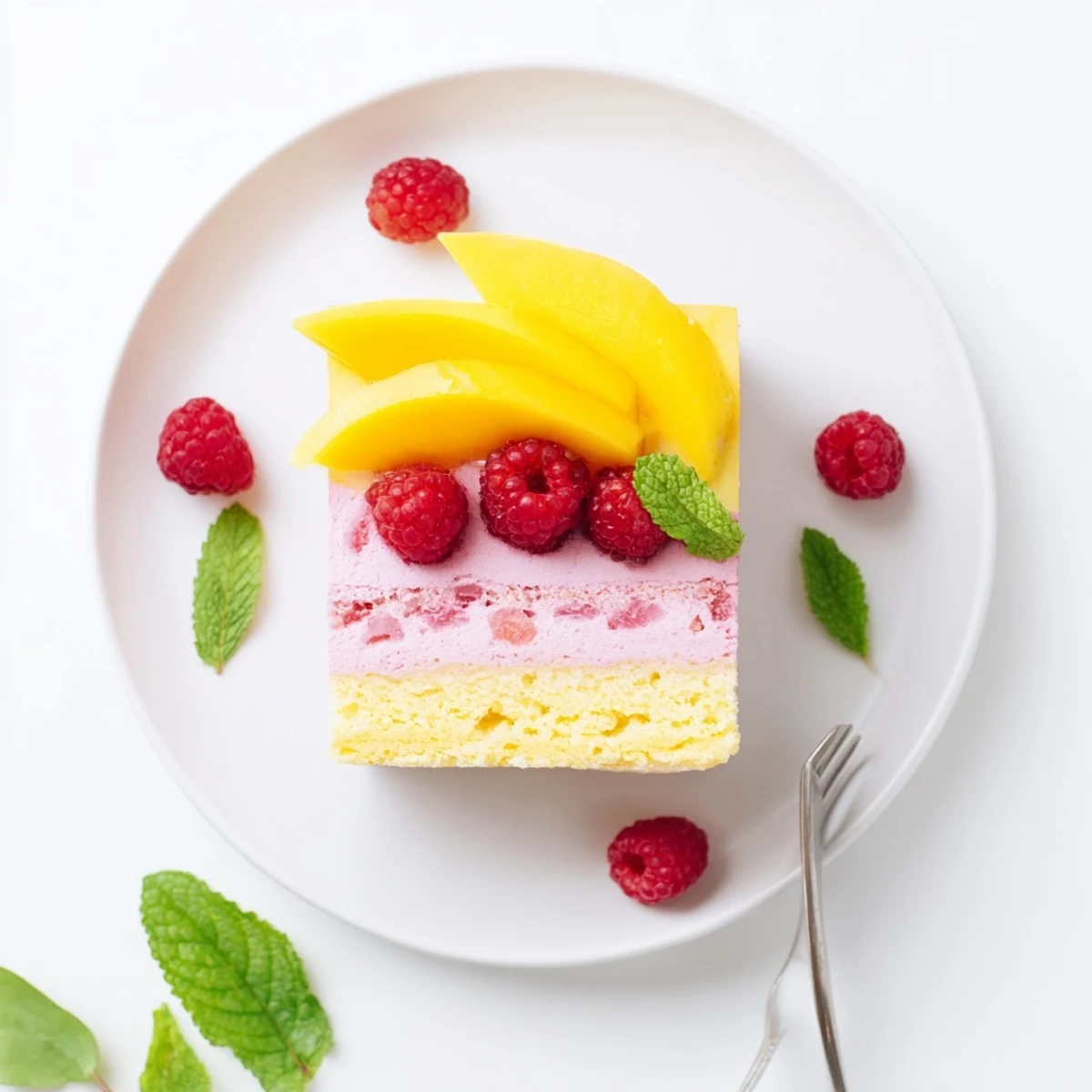 Elegant summer dessert featuring heavenly mango raspberry mousse cake topped with fresh tropical fruit garnishes