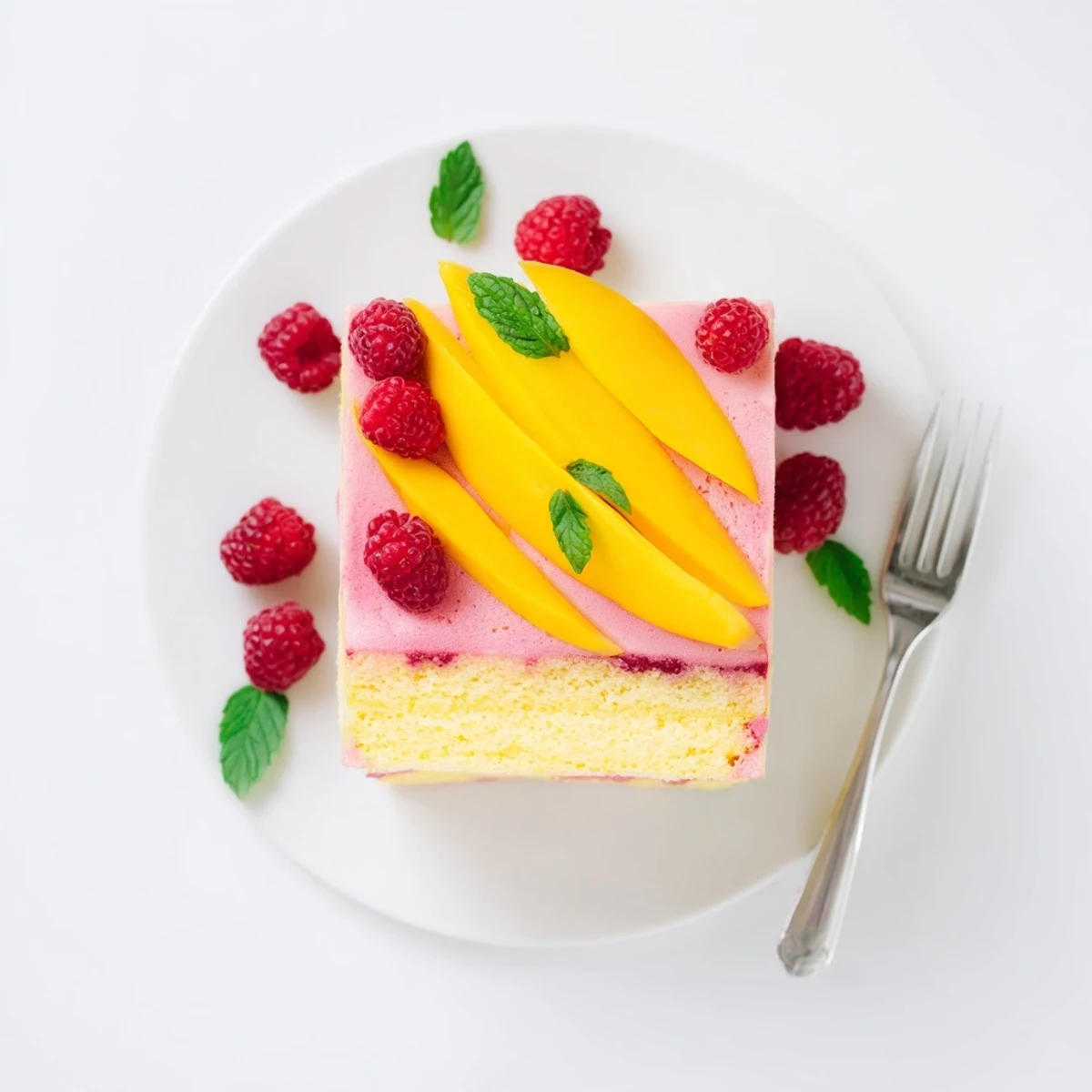 Light and airy heavenly mango raspberry mousse cake with sponge base and berry swirls
