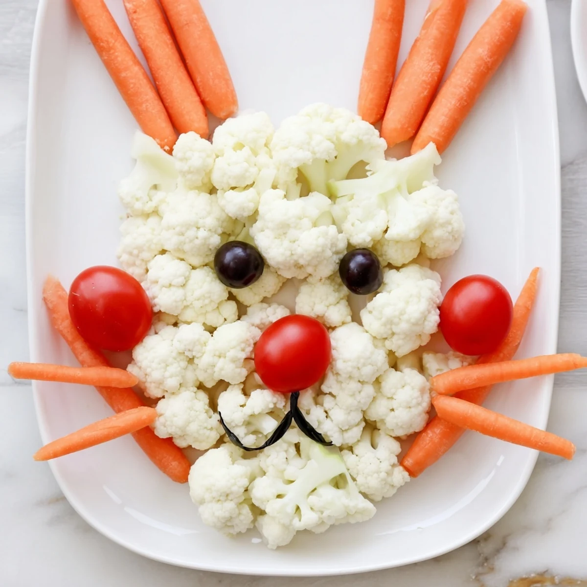 Festive Easter Bunny veggie tray arranged with colorful fresh vegetables for spring celebrations