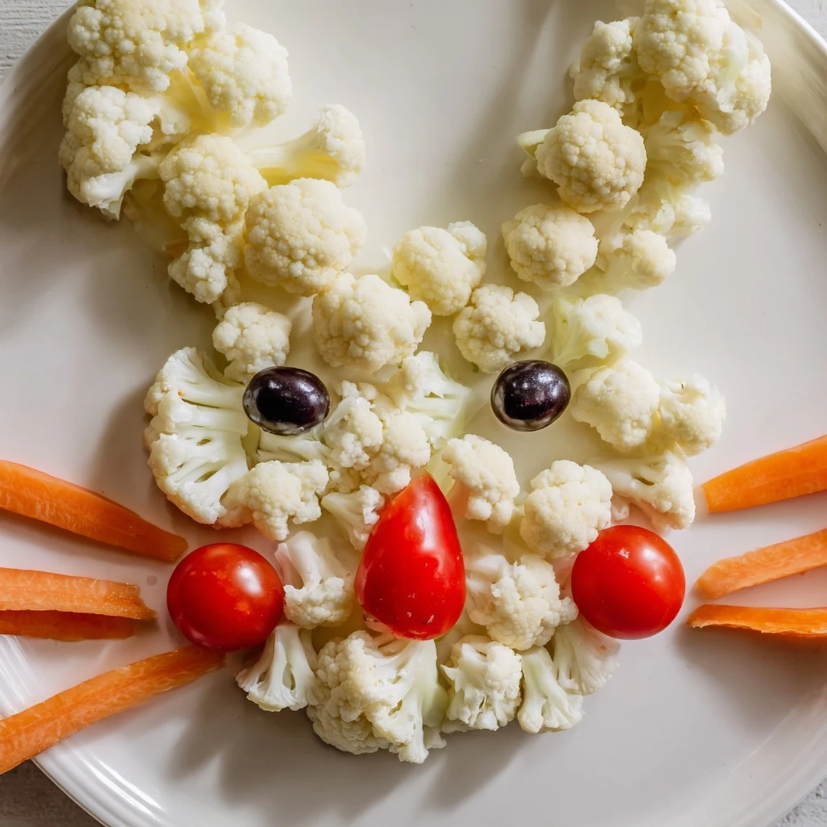 Healthy Easter Bunny veggie tray displaying crisp raw vegetables on white serving platter