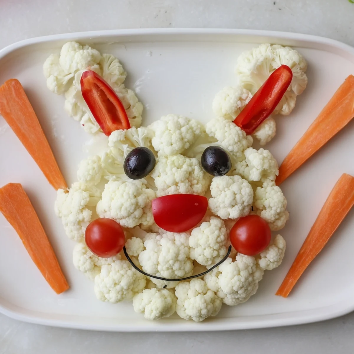Whimsical vegetable platter shaped like a bunny featuring cauliflower cucumbers and cherry tomatoes