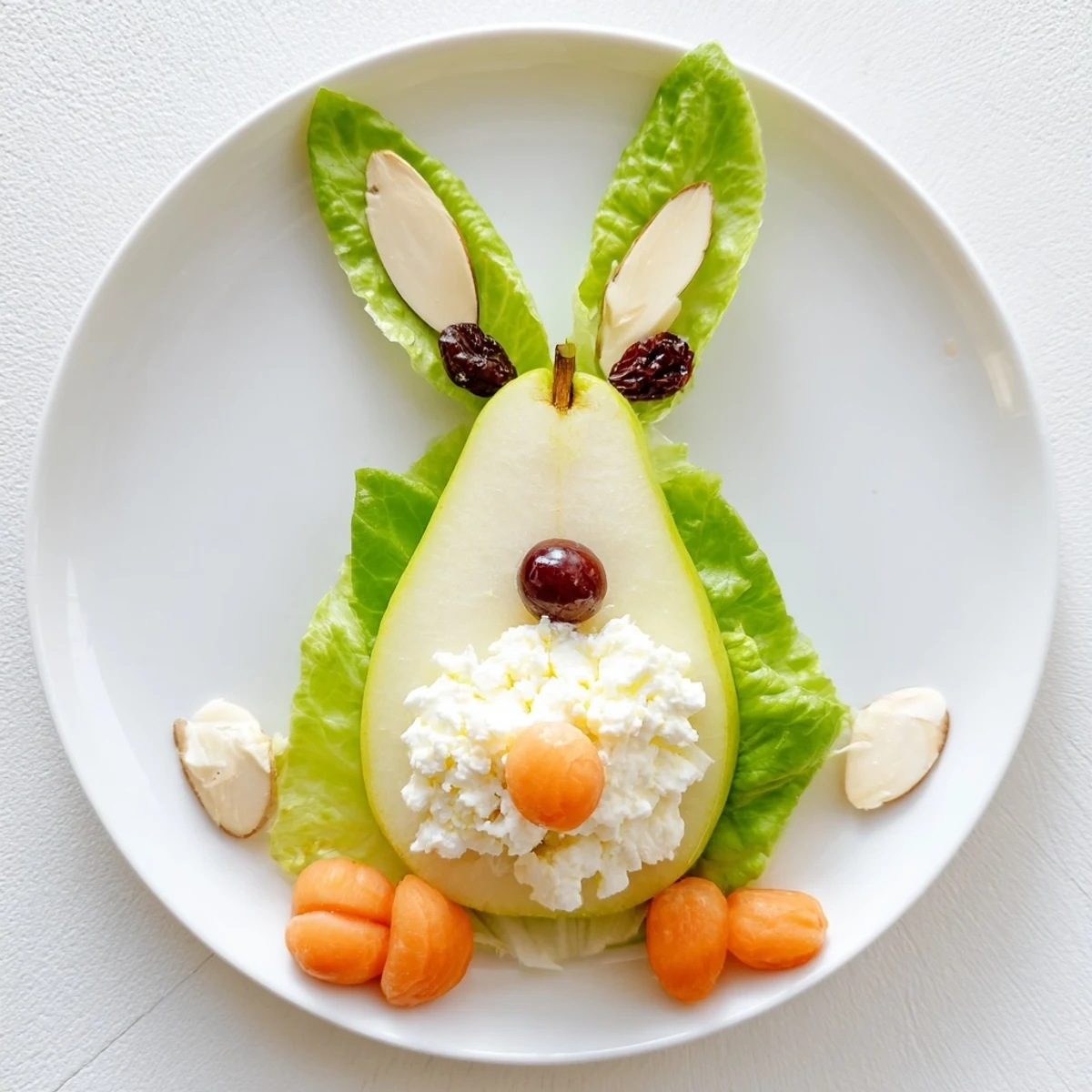 Whimsical Easter-inspired salad featuring canned pears crafted into cute bunnies with carrot whiskers
