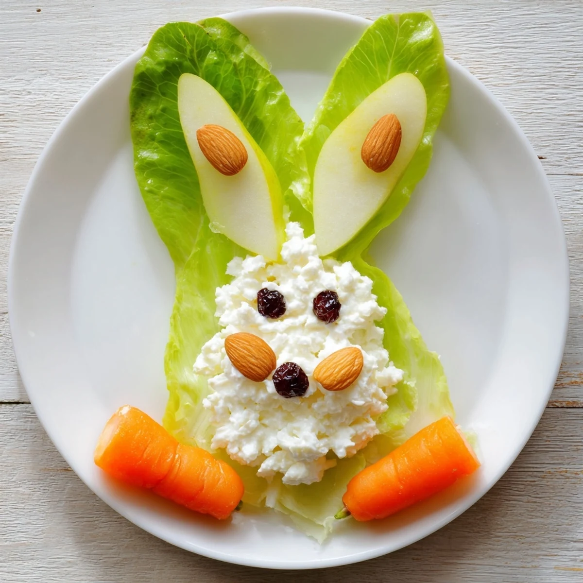 Kid-friendly pear bunny salad with raisin eyes, cherry nose, and almond ears on green lettuce