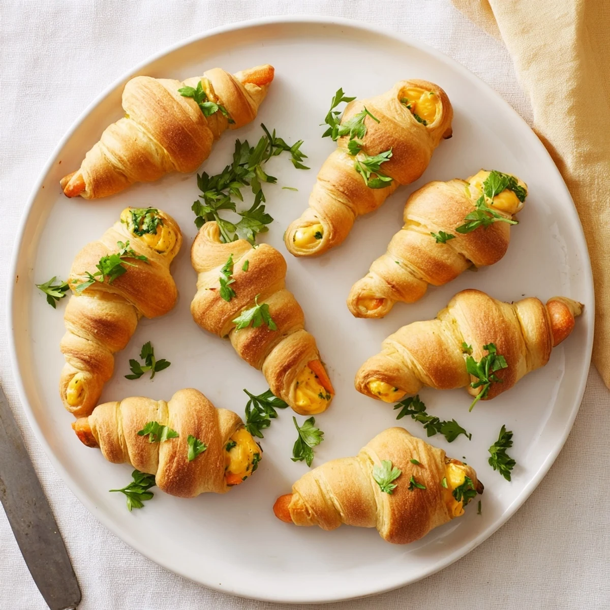 Flaky pastry shaped into orange carrot appetizers piped with savory chive and dill cream cheese filling