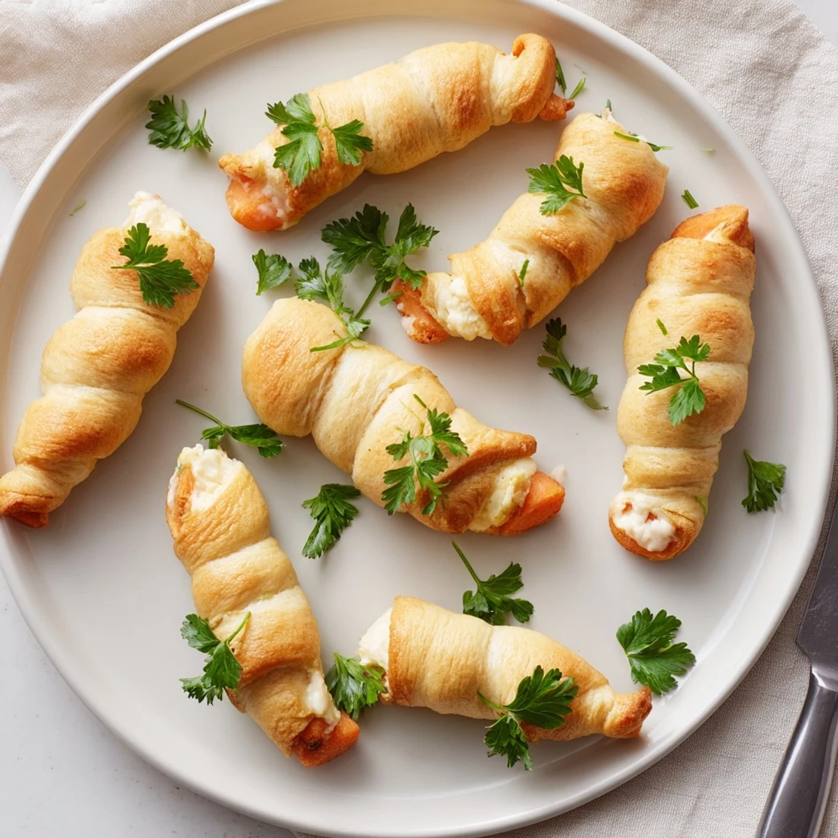 Golden baked stuffed crescent roll carrots filled with creamy herb cheese and topped with fresh parsley