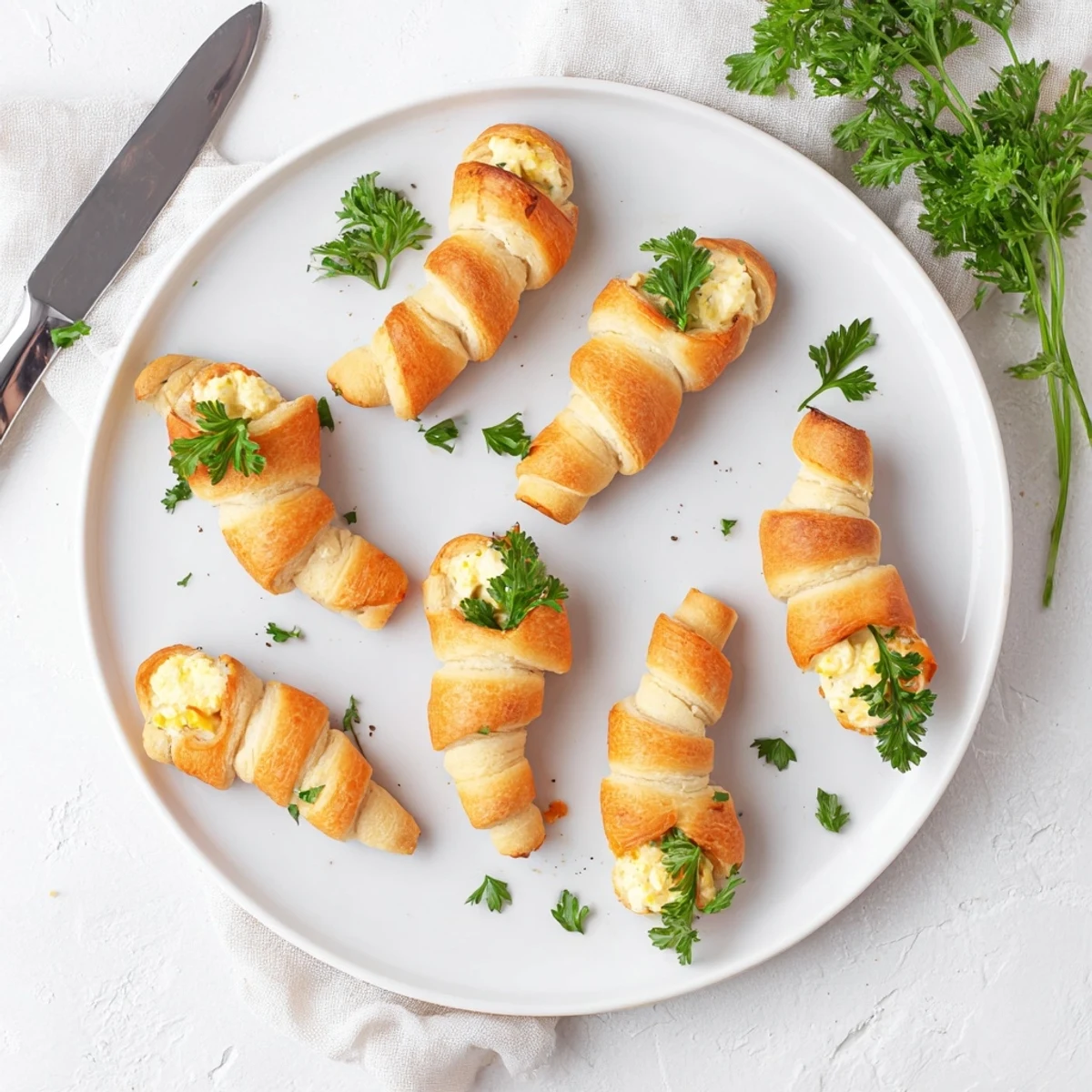 Spring appetizer of crescent dough carrot shapes stuffed with herb cheese and garnished with green parsley sprigs