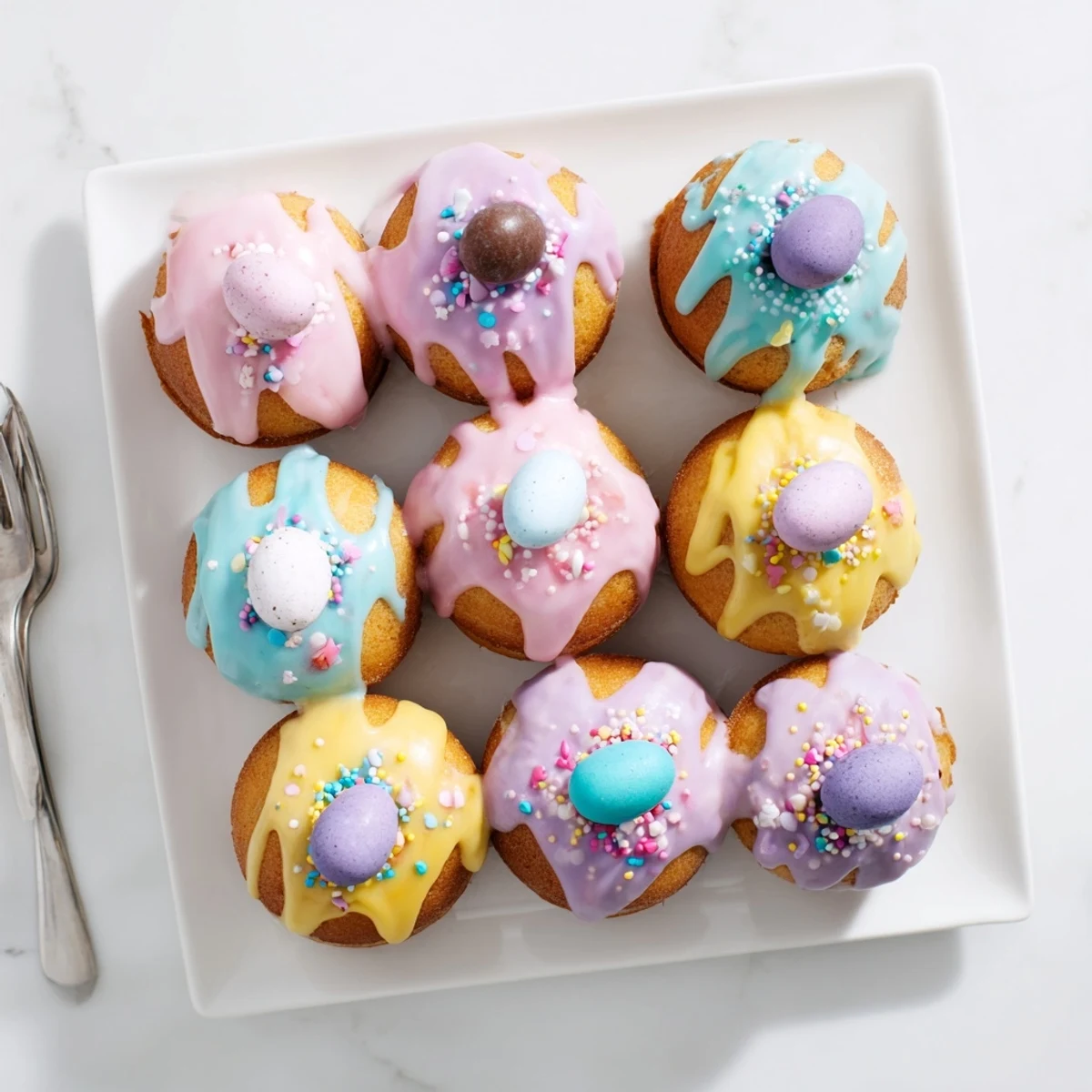 Light fluffy sponge Easter cakes decorated with pastel frosting and festive sprinkles