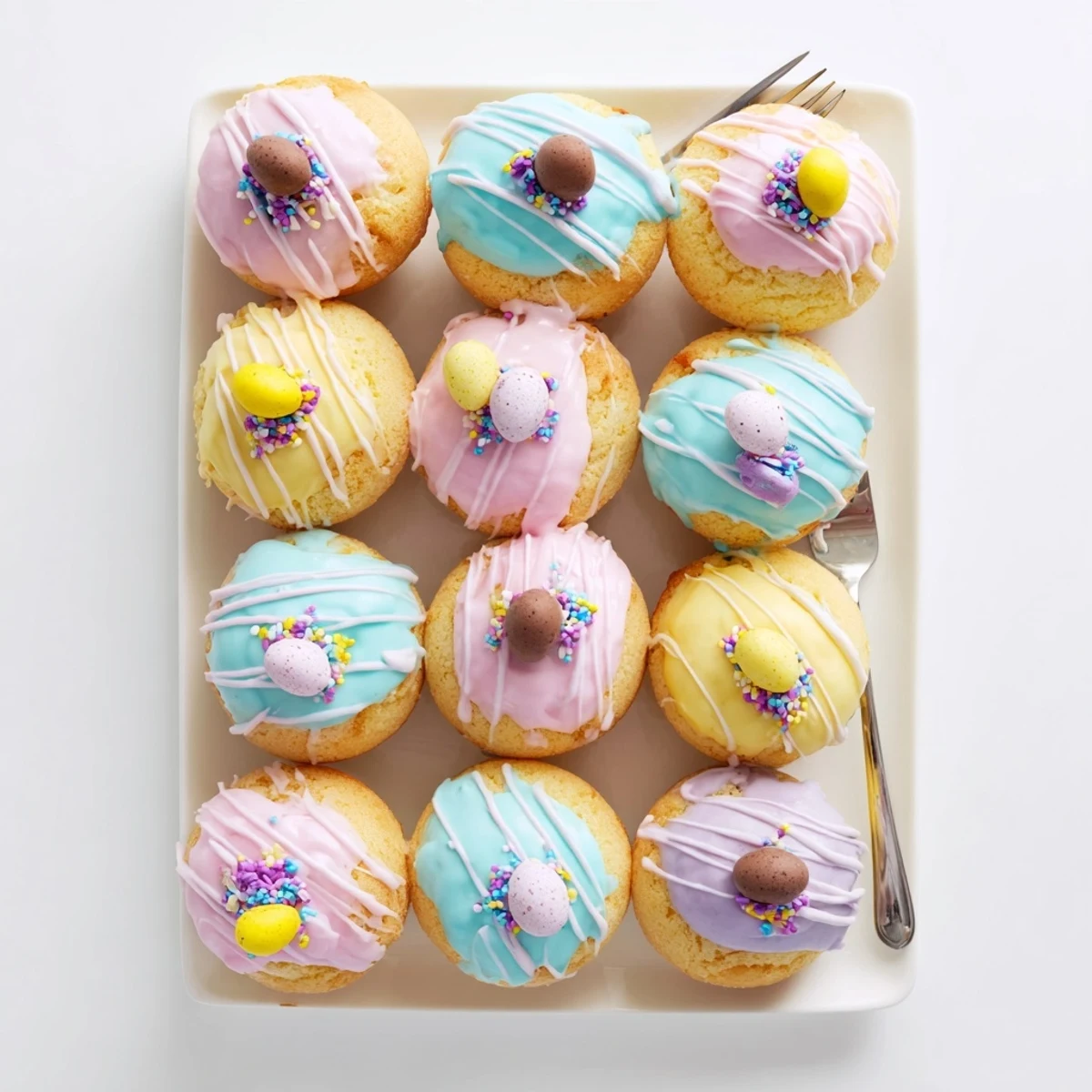 Individually sized Easter cakes with smooth colored glaze and chocolate egg garnishes