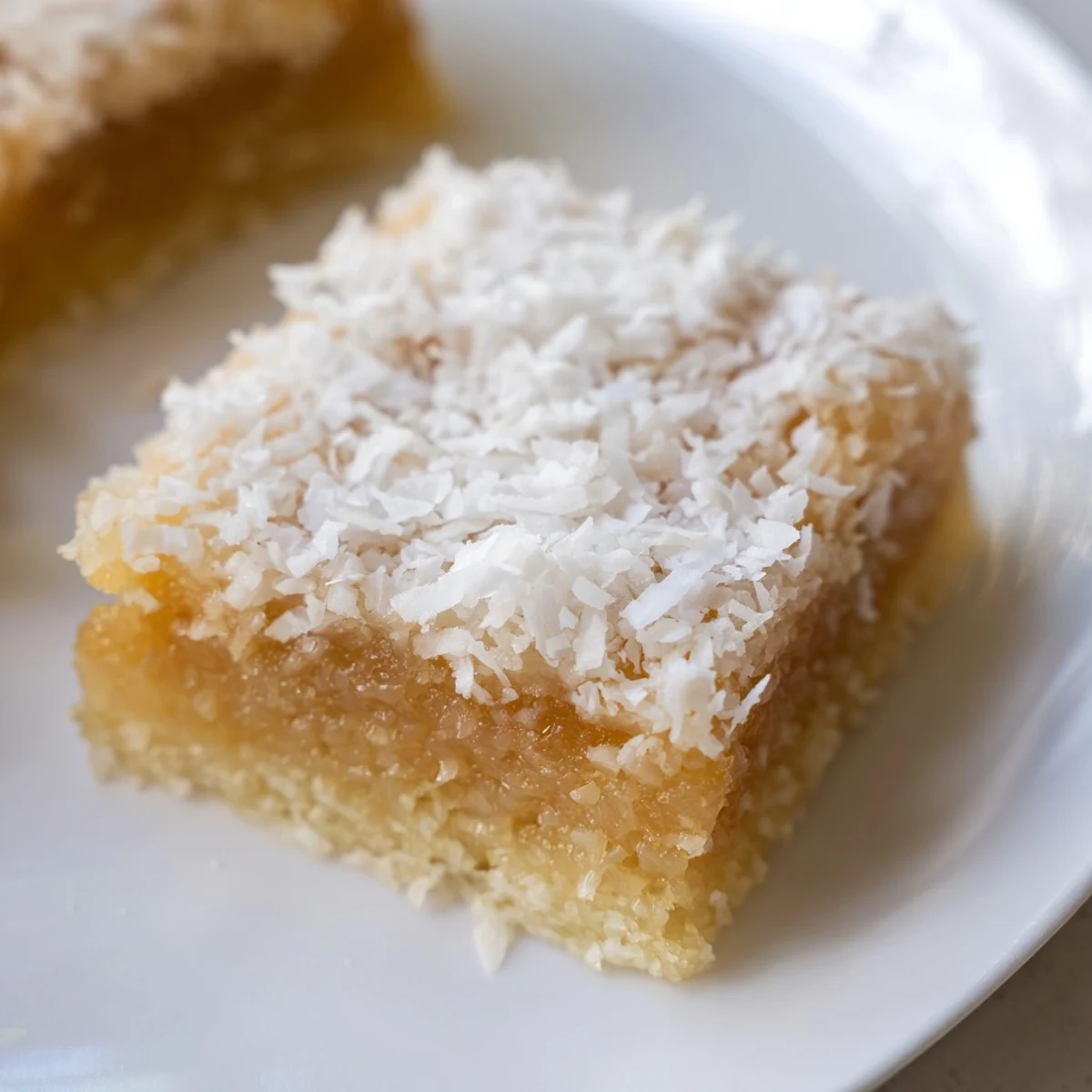 Gluten-free coconut mochi cake with a golden crust ready for serving on a white plate