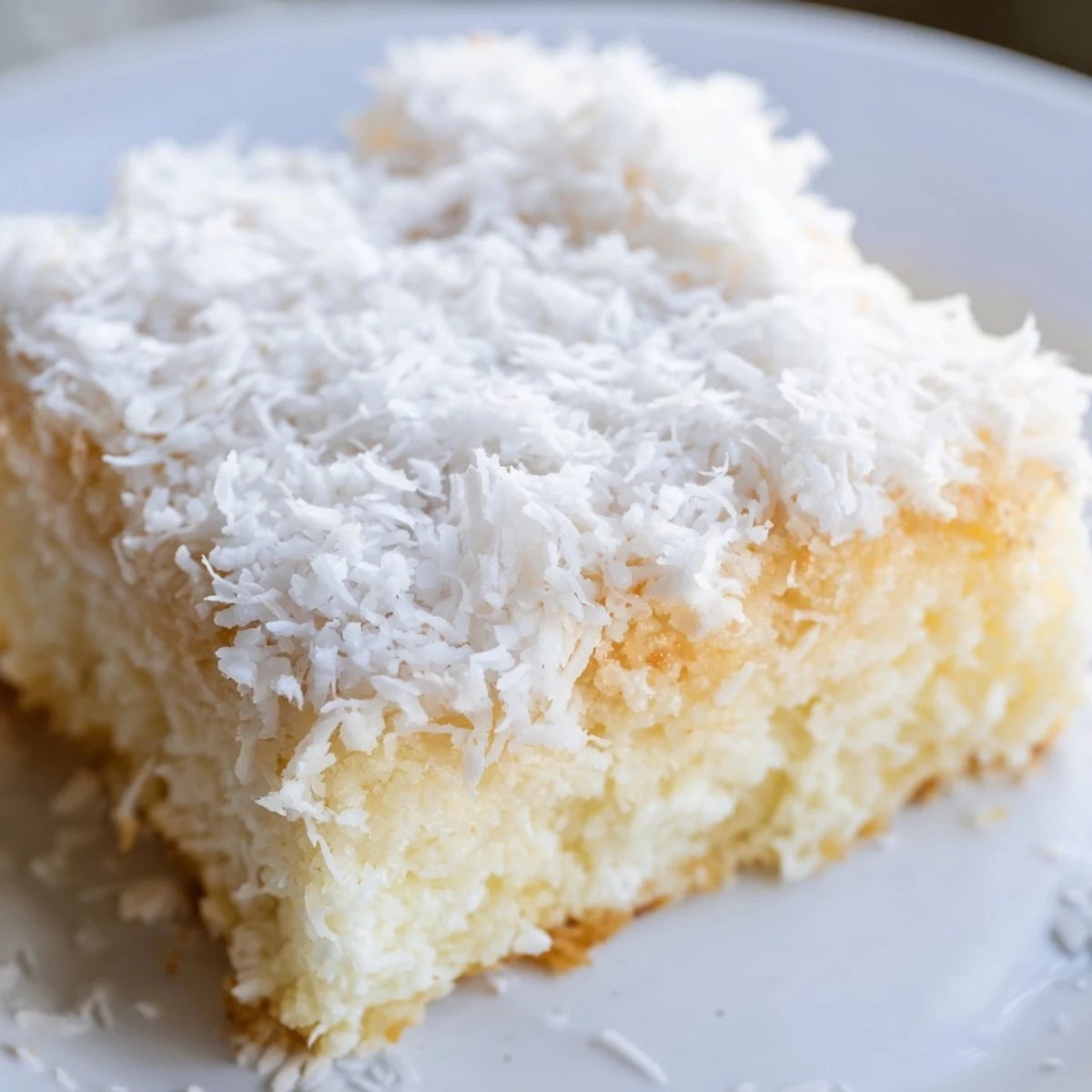 Golden coconut mochi cake topped with toasted shredded coconut and sliced into chewy squares