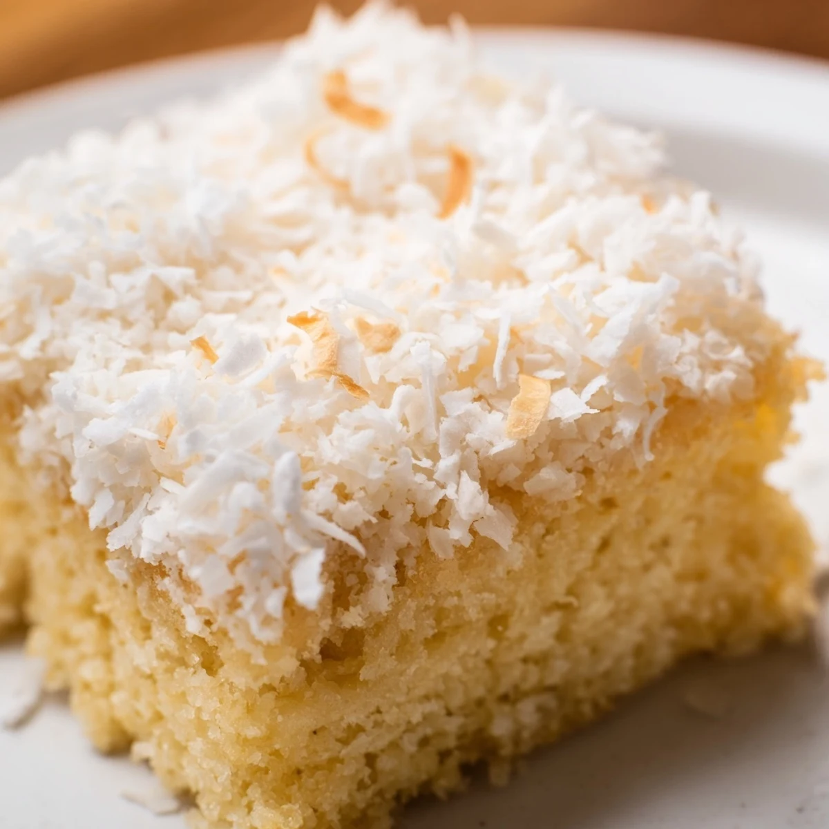 Chewy Hawaiian-style coconut mochi cake sprinkled with coconut flakes and dusted with powdered sugar
