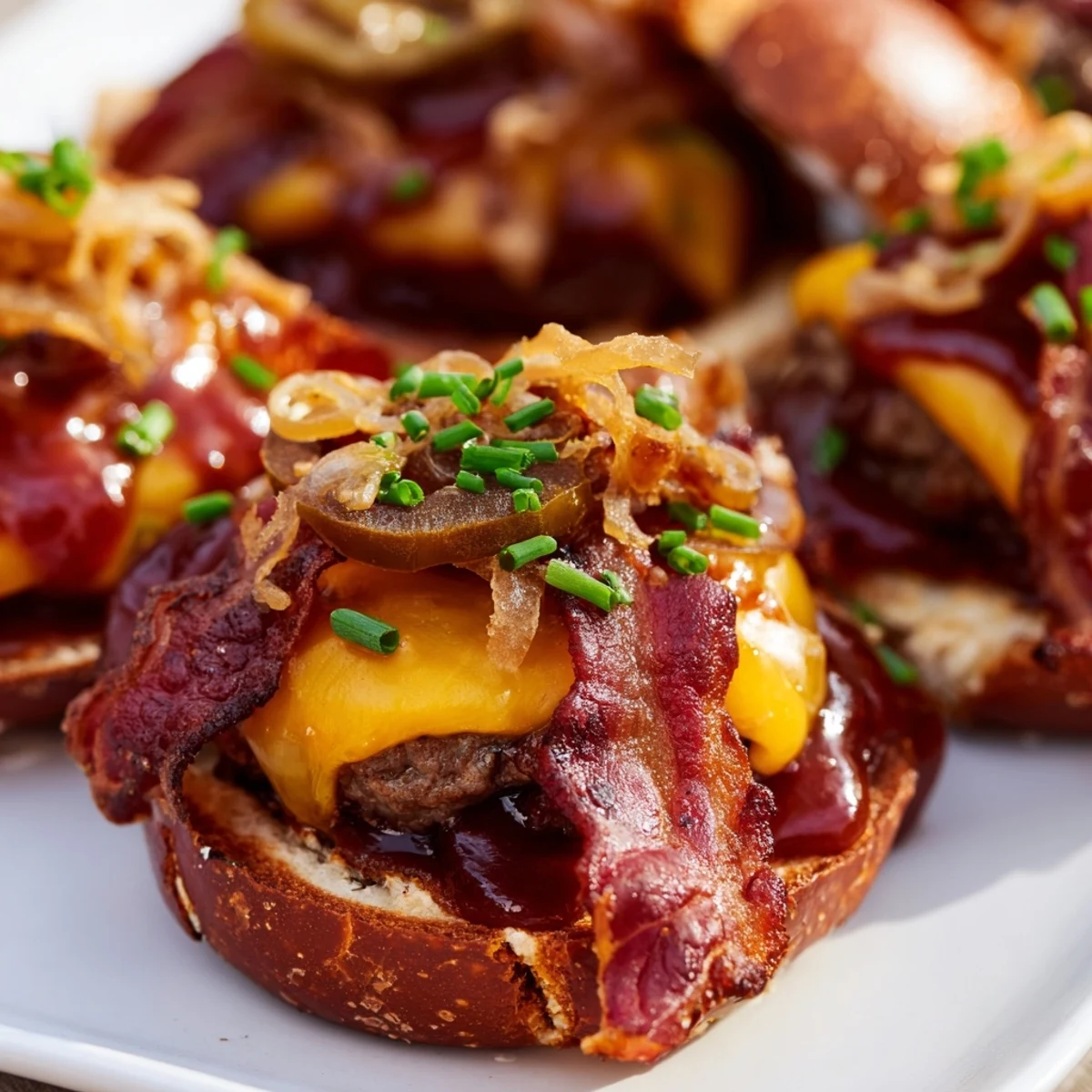 Savory Pretzel Cowboy Sliders stacked high with fried onions, jalapeños, and smoky beef patties nestled in soft pretzel rolls
