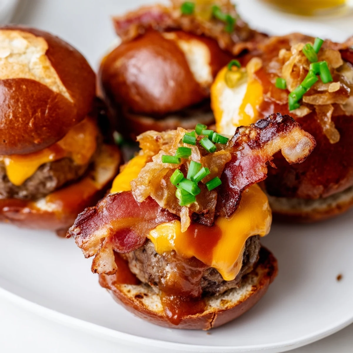 Juicy Pretzel Cowboy Sliders with melted cheddar, crispy bacon, and tangy barbecue sauce on golden toasted pretzel buns