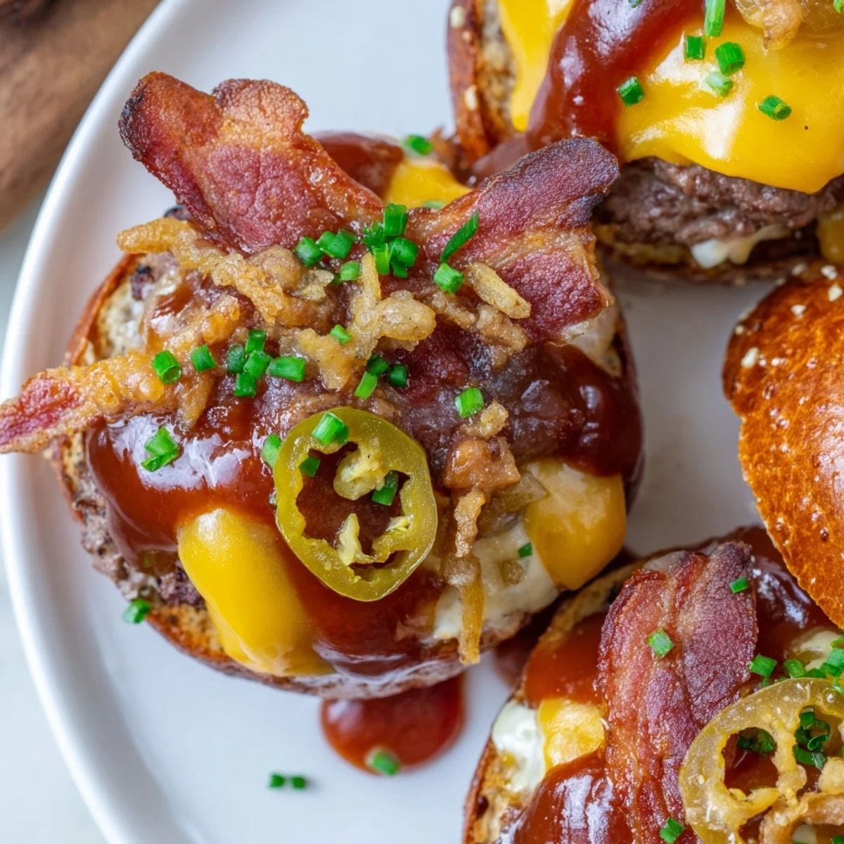 Mouthwatering Pretzel Cowboy Sliders featuring cheese-topped beef, crunchy bacon, and sweet barbecue drizzle on buttery pretzel buns