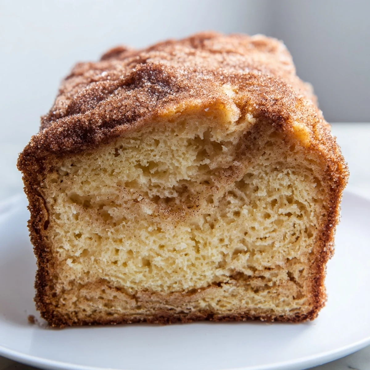 Warm homemade cinnamon sugar donut bread with a buttery browned crust freshly baked