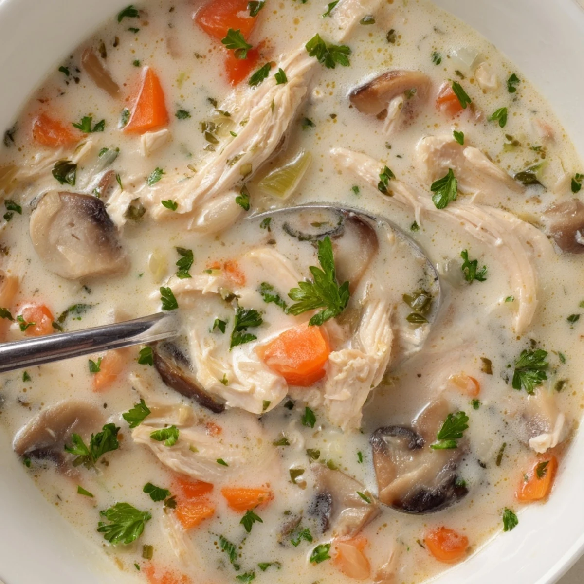 Bowl of creamy rotisserie chicken mushroom soup garnished with fresh parsley flakes