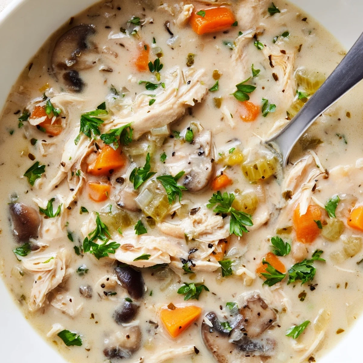 Steaming creamy rotisserie chicken mushroom soup ladled into white ceramic serving bowls