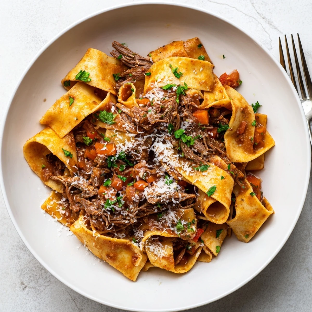 Slow cooker beef ragu featuring tender shredded beef in rich tomato sauce served over wide pasta noodles