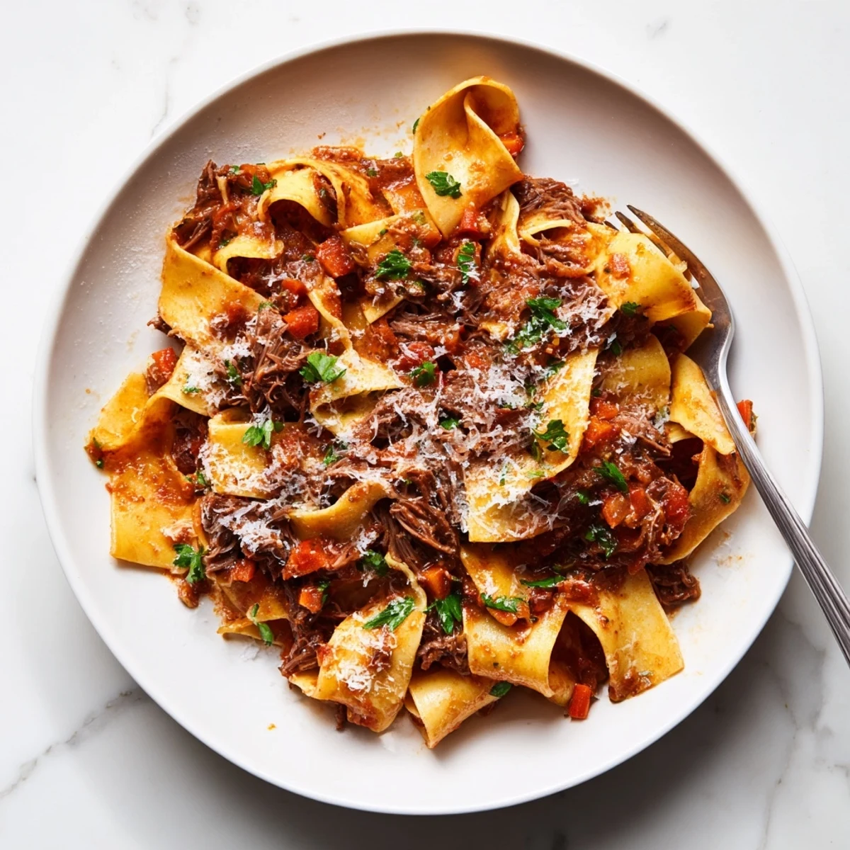 Golden slow cooker beef ragu piled high over creamy polenta with fresh parsley and grated Parmesan cheese
