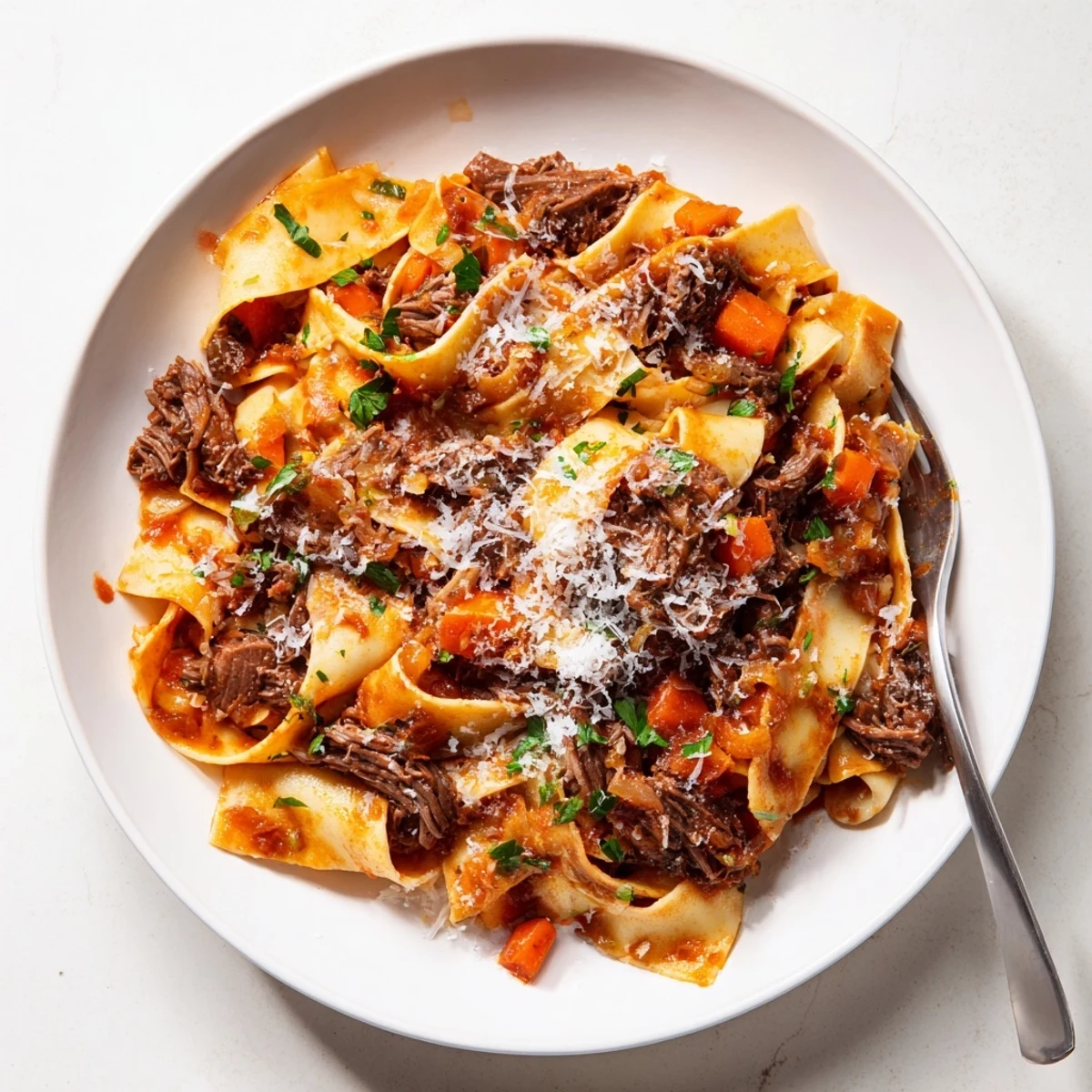 Hearty slow cooker beef ragu with fork-tender meat chunks smothered in thick red Italian-style tomato sauce