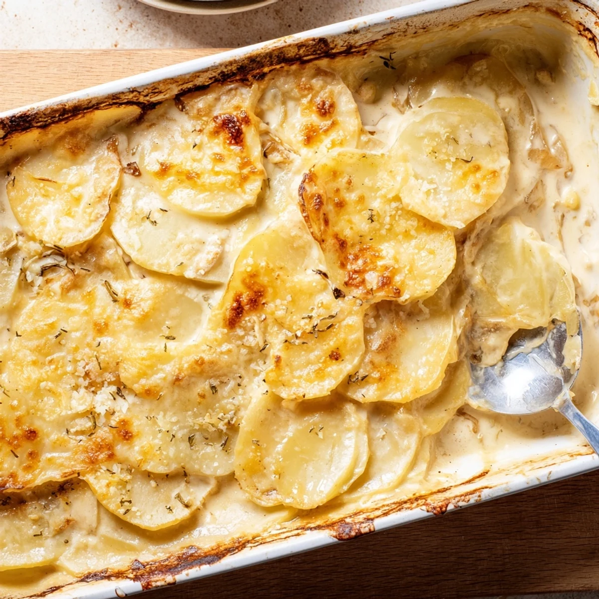 Golden brown cheesy scalloped potatoes in a baking dish with bubbling cheddar sauce