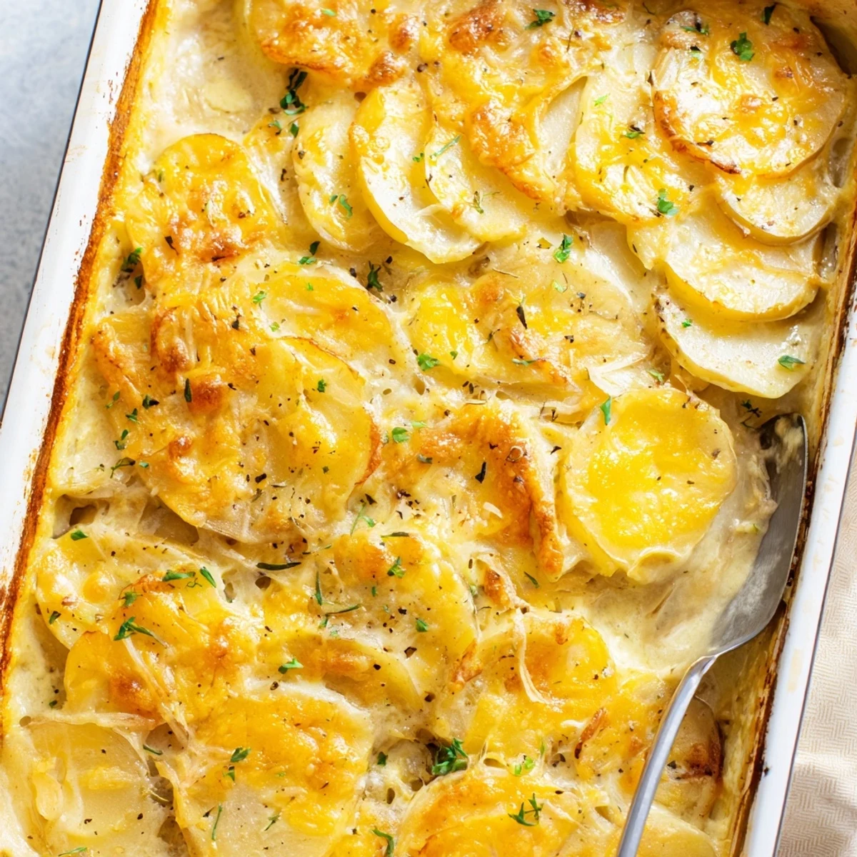 Baked cheesy scalloped potatoes featuring golden layers and rich cream sauce for serving warm
