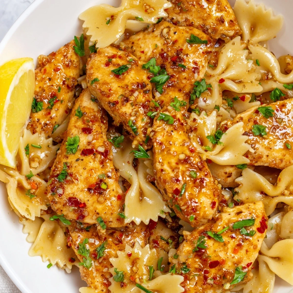 Tender chicken pieces and low-carb pasta coated in zesty lemon garlic cowboy butter sauce