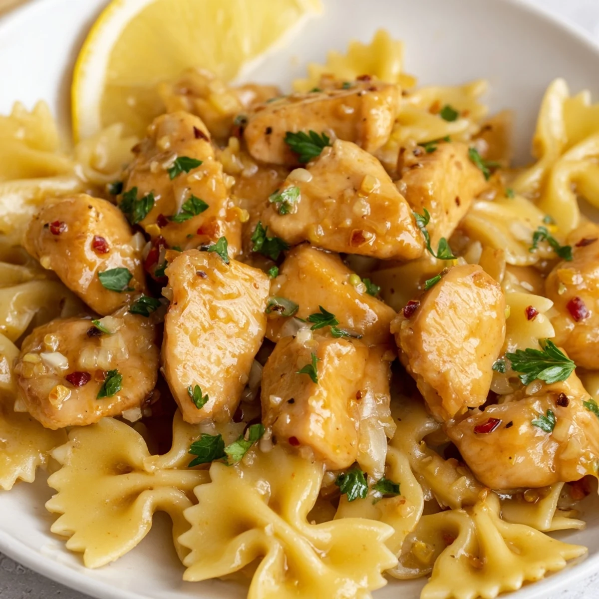 Golden low carb cowboy butter lemon bowtie chicken tossed with fresh herbs and lemon zest