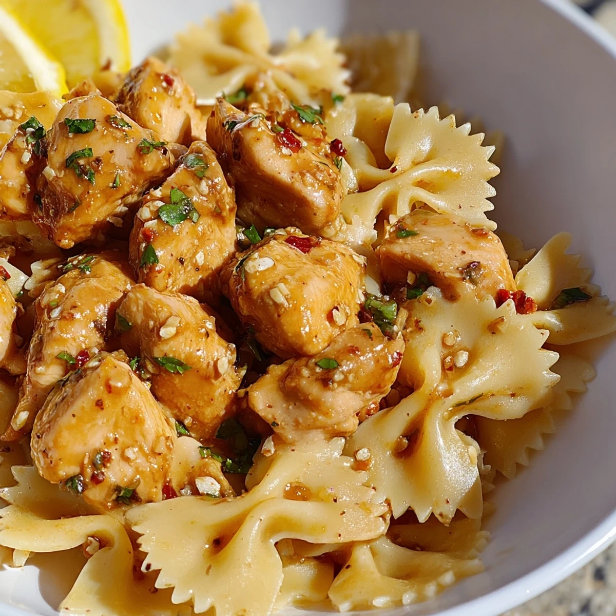 Creamy low carb cowboy butter lemon bowtie chicken served with parsley and lemon wedges