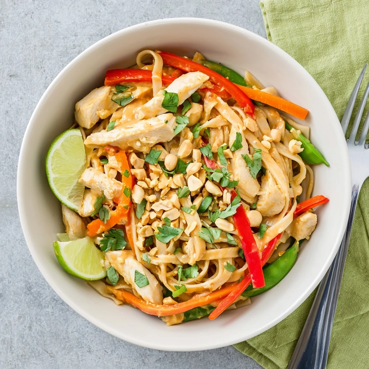 Golden chicken and crisp vegetables coated in creamy Thai peanut sauce over rice noodles